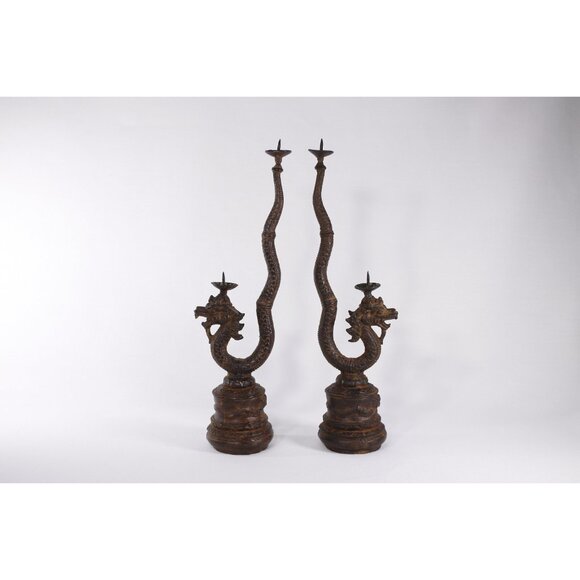 Vintage metal dragon candlesticks, Naga old Siam Thai dragon serpent altar decor - Picture 4 of 9